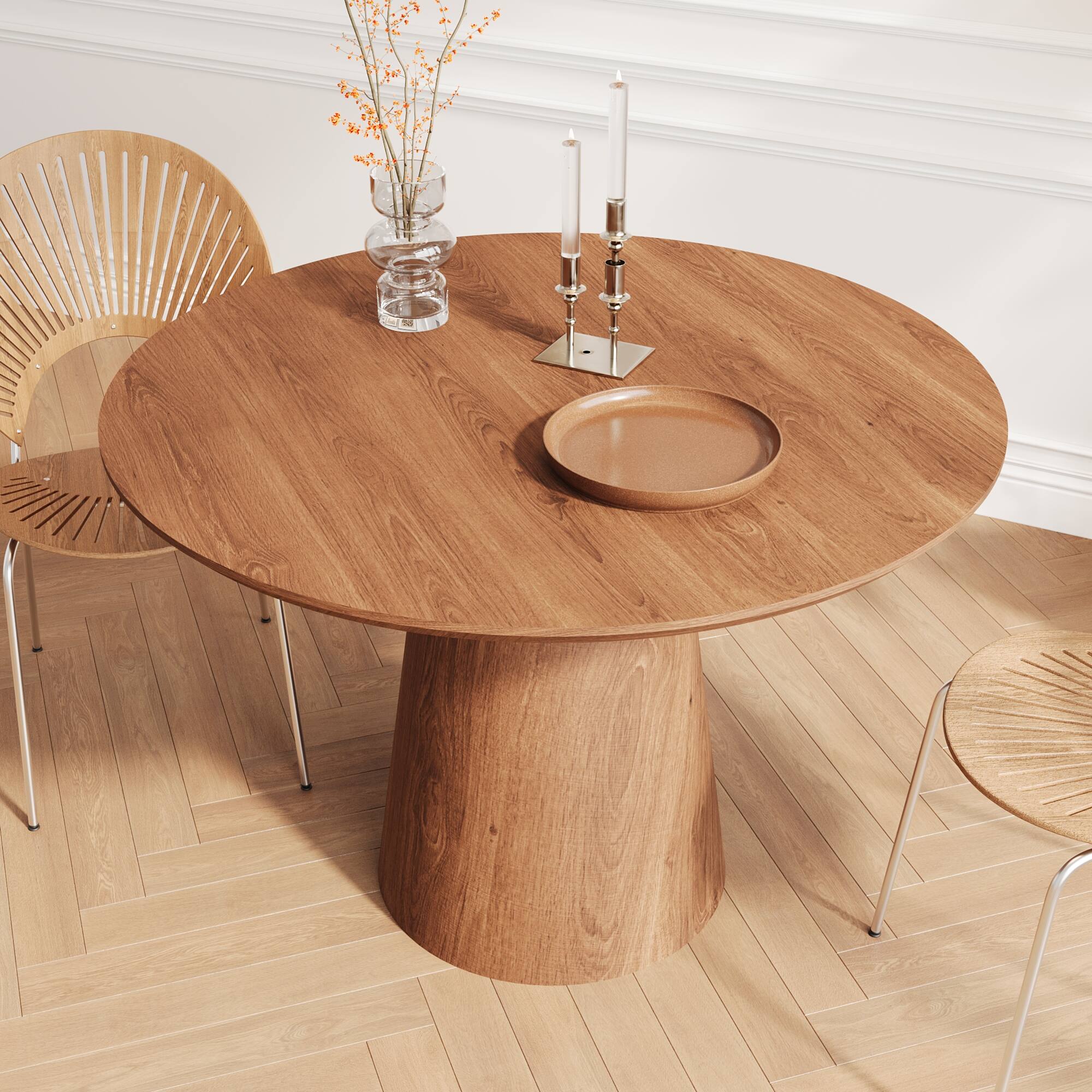 Left. Tiramisubest - 43 inch circular dining table, modern minimalist round table, MDF grain dining table, one handle and two packs - Walnut.