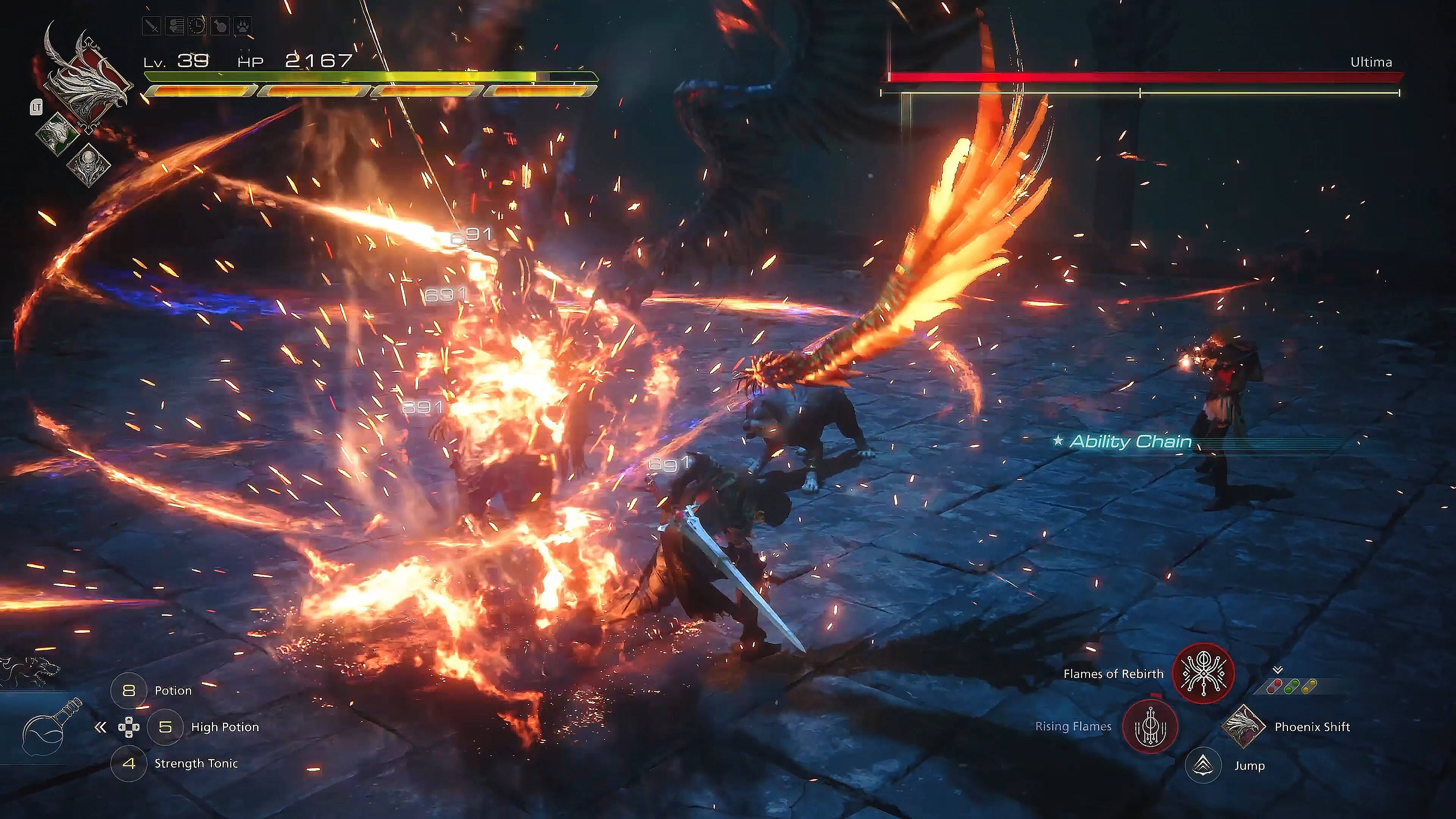 The text on the image reads:

L Lv. 39 HP 2167 Ultima L1 91 691 391 691 Ability Chain   Potion 5 High Potion Flames of Rebirth Rising Flames Phoenix Shift 4 Strength Tonic Jump

Corrected text:

L Lv. 39 HP 2167 Ultima L1 91 691 391 691 Ability Chain   Potion 5 High Potion Flames of Rebirth Rising Flames Phoenix Shift 4 Strength Tonic Jump