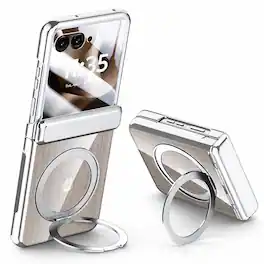 Dteck - for Motorola Razr Ultra 2026/2025 Case with Hinge Protection, Built-in Screen Cover Rotatable Magnetic Ring Stand - Silver