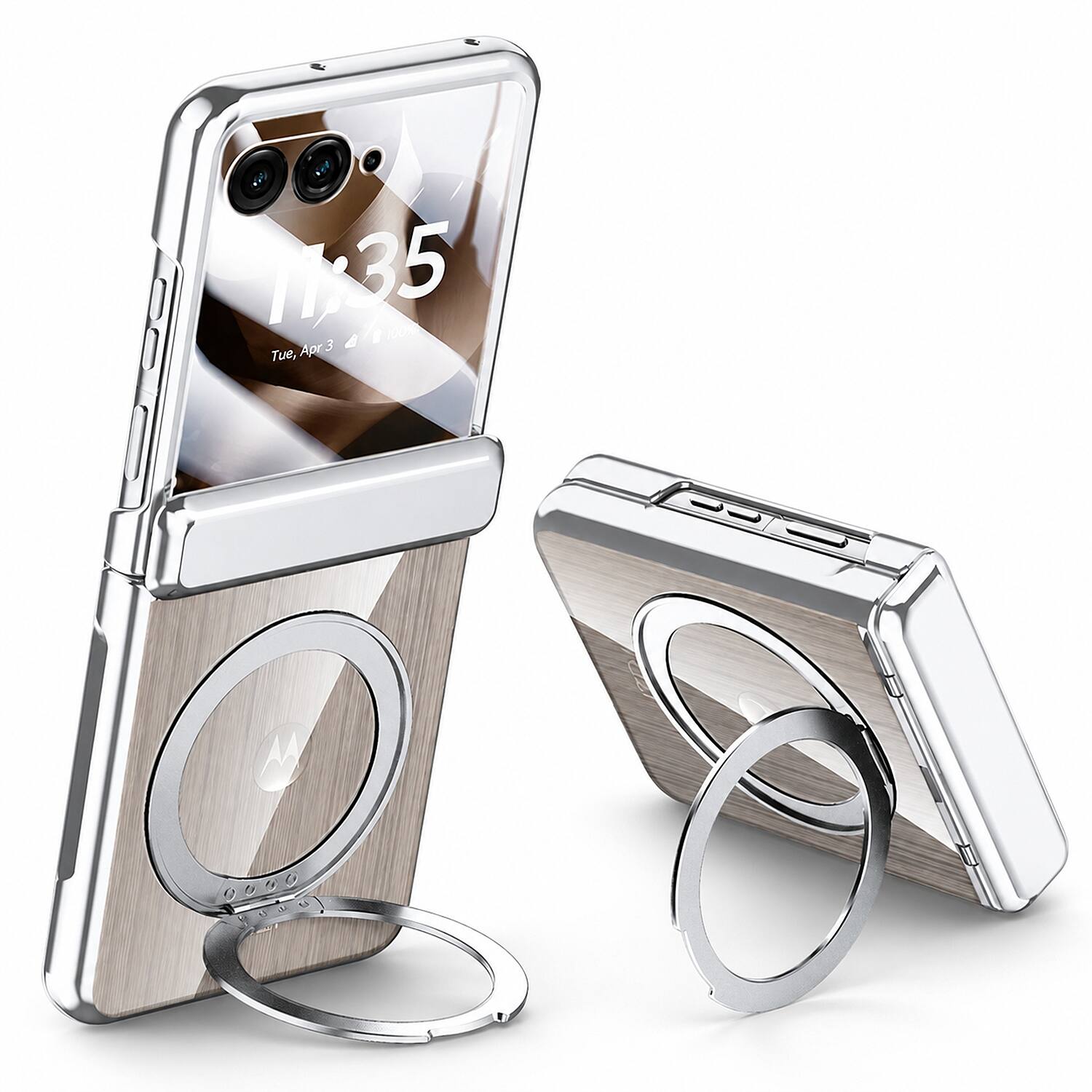 Dteck - for Motorola Razr Ultra 2026/2025 Case with Hinge Protection, Built-in Screen Cover Rotatable Magnetic Ring Stand - Silver