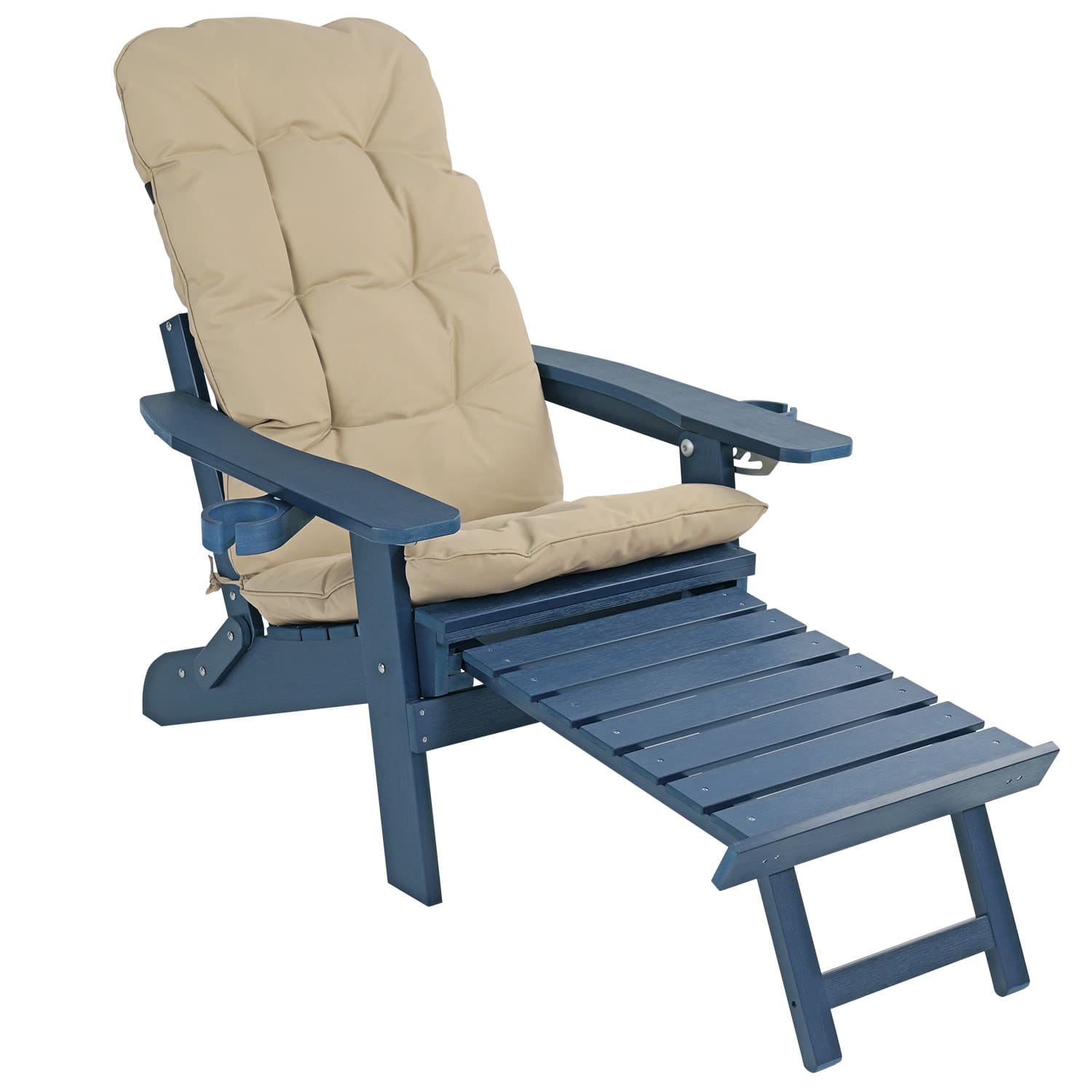 Front. Fortune Candy - Folding Adirondack Chair w/Cupholders, Ottoman & Cushion, Adjustable Backrest for Patio, Porch, Beach, Pool - Navy Blue.
