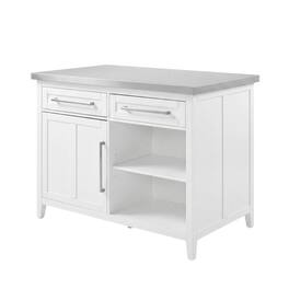 Crosley Furniture - Silvia Stainless Steel Top Island W/Uph Saddle Stools, Kitchen Island & 2 Stools - White