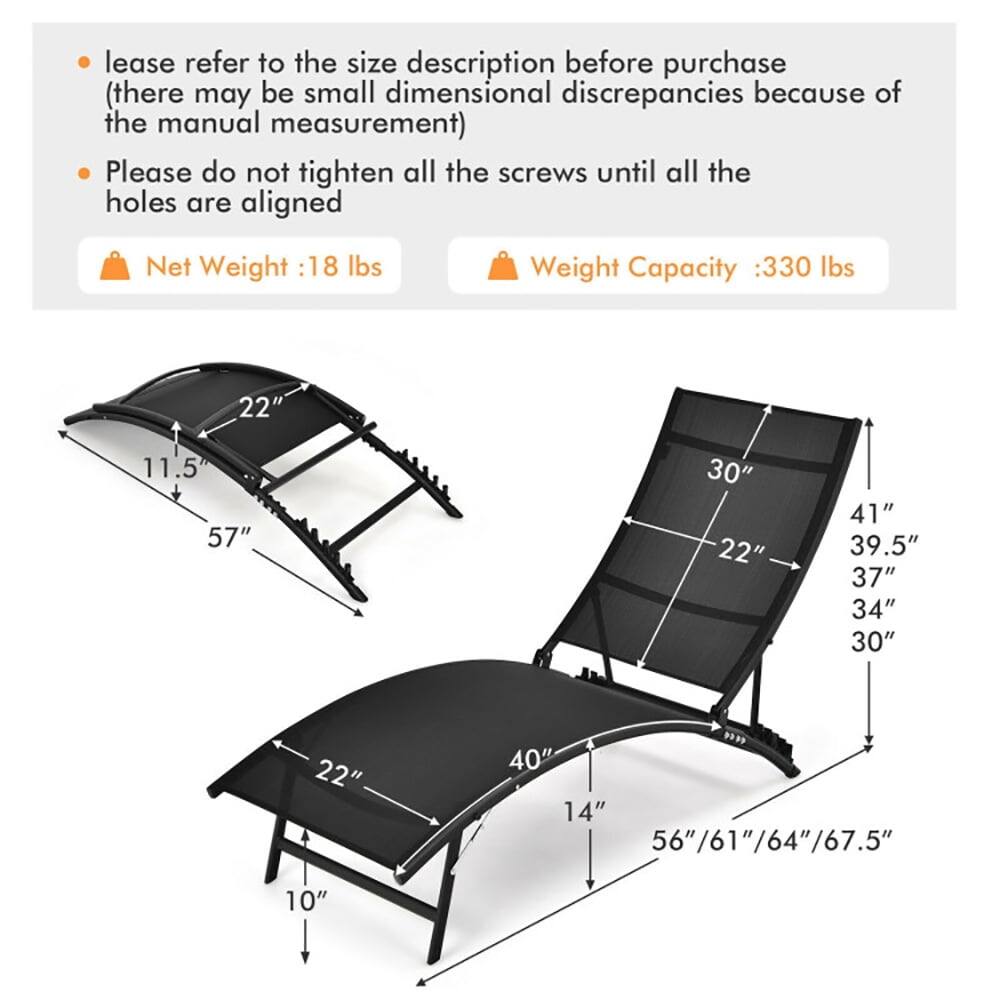 lease refer to the size description before purchase (there may be small dimensional discrepancies because of the manual measurement)  
Please do not tighten all the screws until all the holes are aligned  

Net Weight: 18 lbs  
Weight Capacity: 330 lbs  

Dimensions:  
- 22"  
- 11.5"  
- 57"  
- 30"  
- 22"  
- 41"  
- 39.5"  
- 37"  
- 34"  
- 30"  
- 22"  
- 9"  
- 40"  
- 14"  
- 56"/61"/64"/67.5"  
- 10"