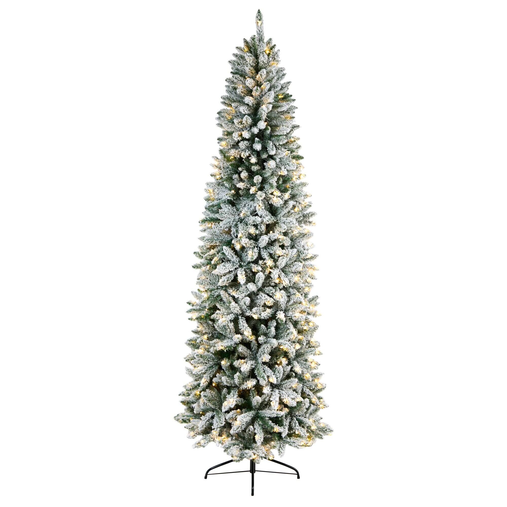 Angle. BreeBe - 8’ Slim Montreal Xmas Tree with 1348 Tips and 400 Lights - Green, White.
