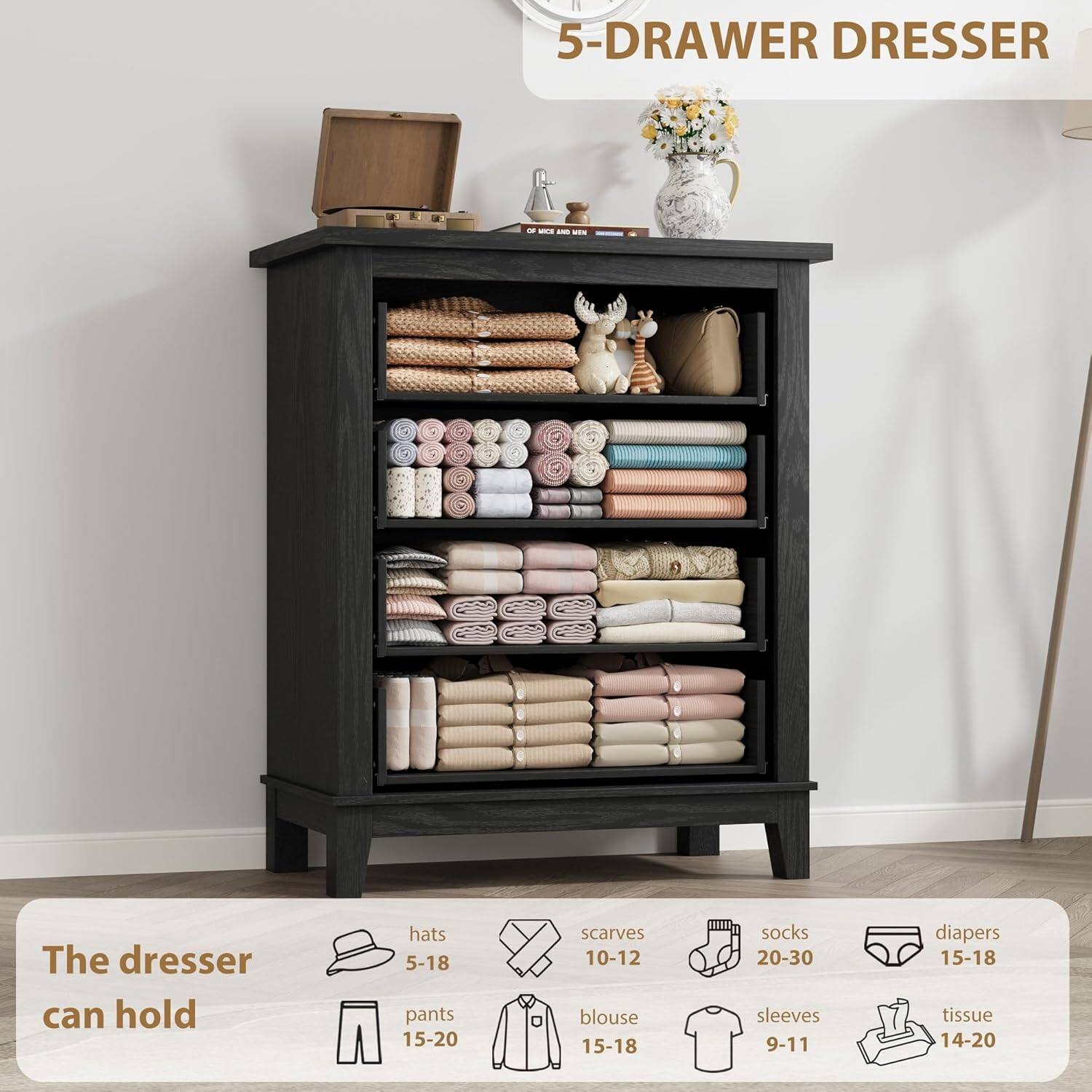 5-Drawer Dresser

The dresser can hold:
- Hats: 5-18
- Pants: 15-20
- Scarves: 10-12
- Socks: 20-30
- Diapers: 15-18
- Blouse: 15-18
- Sleeves: 9-11
- Tissue: 14-20