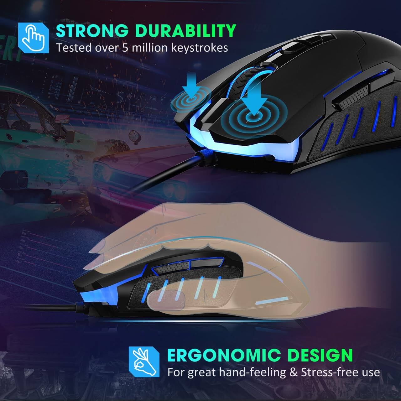 **STRONG DURABILITY**  
Tested over 5 million keystrokes

**ERGONOMIC DESIGN**  
For great hand-feeling & Stress-free use