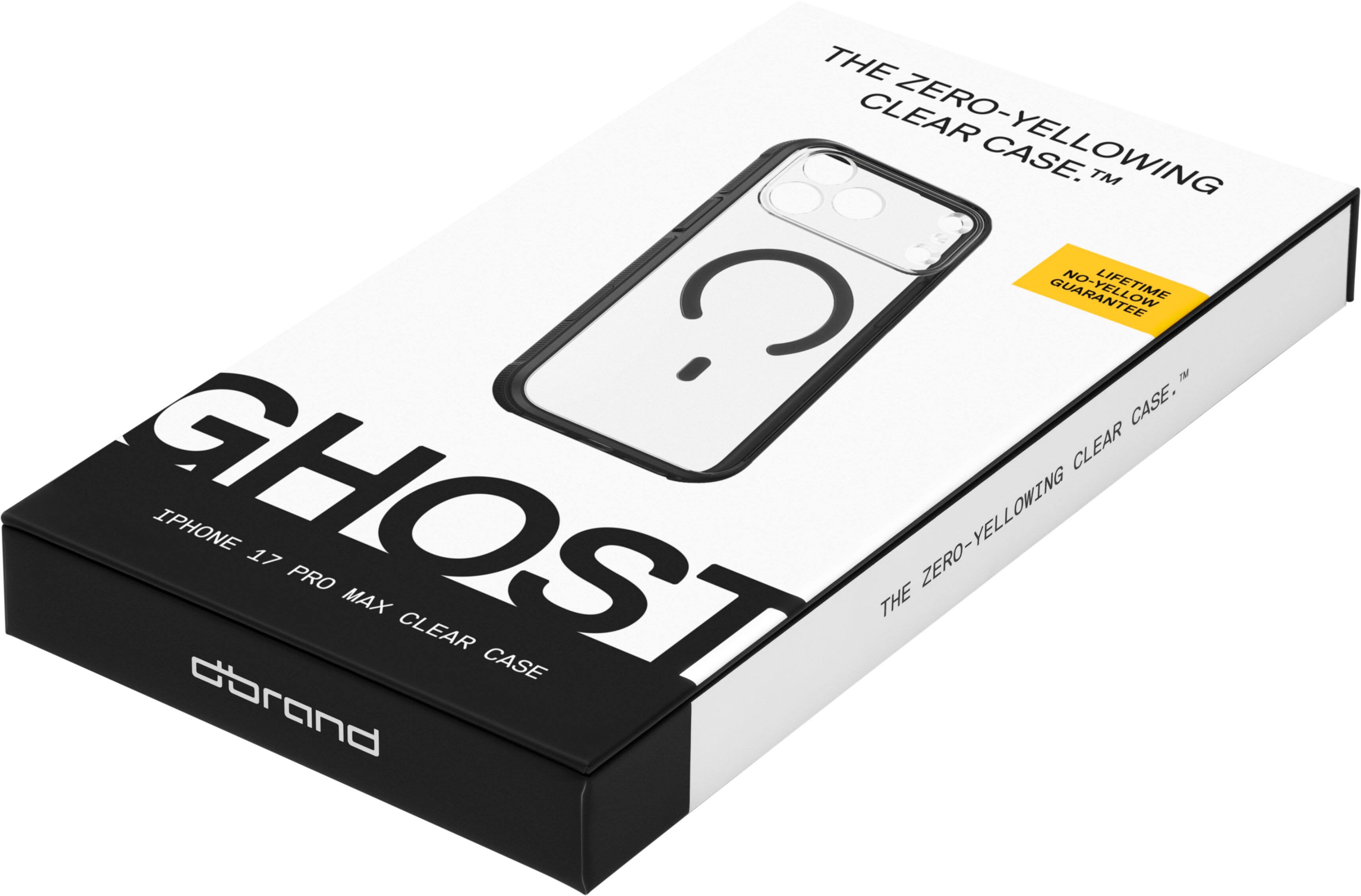 THE ZERO-YELLOWING CLEAR CASE™  
GHOST  
IPHONE 17 PRO MAX CLEAR CASE  
LIFETIME NO-YELLOW GUARANTEE  
dbrand