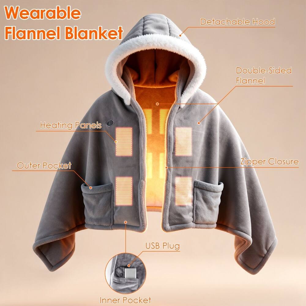 Wearable Flannel Blanket  
- Detachable Hood  
- Double-Sided Flannel  
- Heating Panels  
- Outer Pocket  
- Zipper Closure  
- USB Plug  
- Inner Pocket