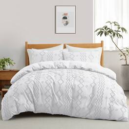 Peace Nest Tufted Clipped Jacquard Geometric Duvet Cover Diamond Pattern Bedding Set with Pillowcase - White