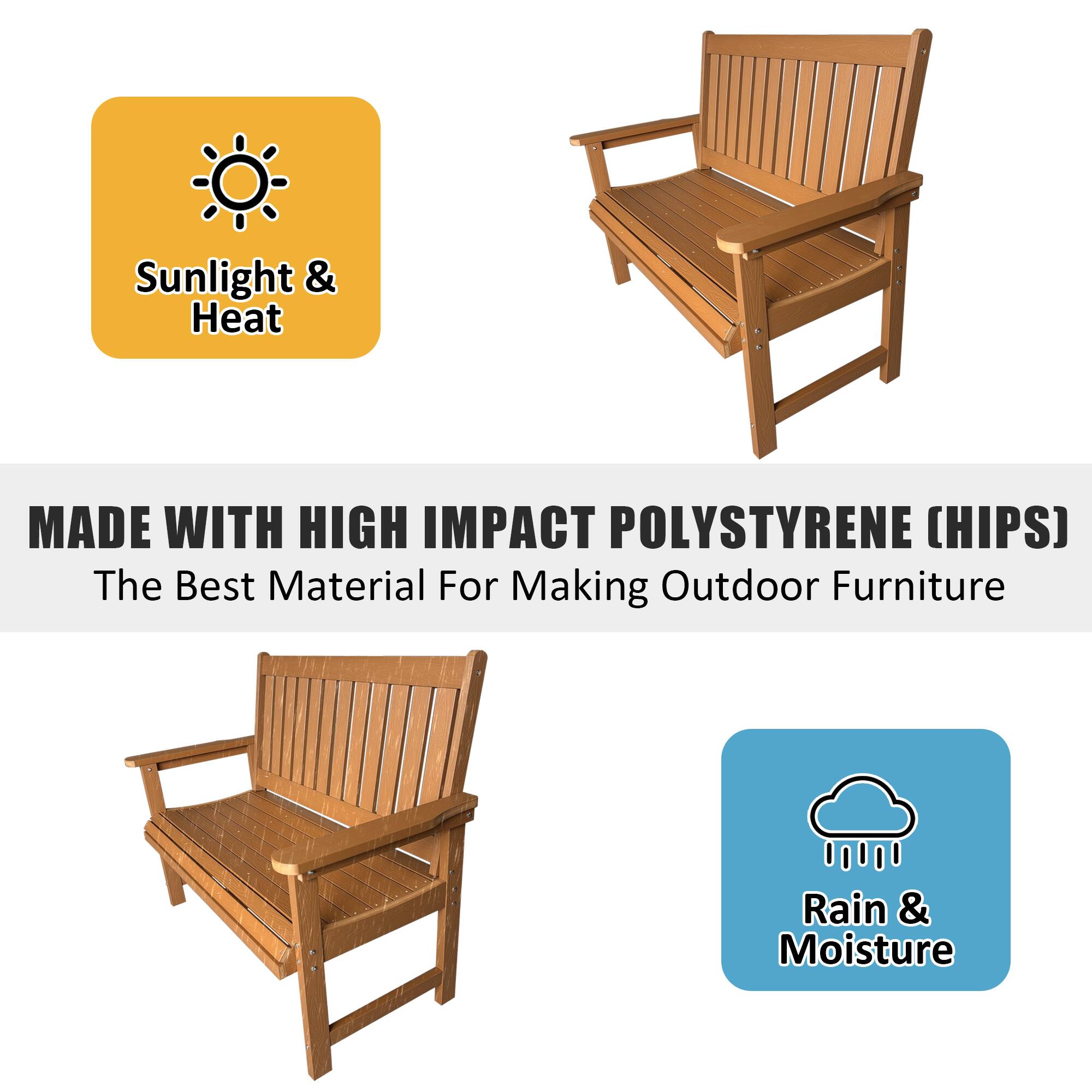 Sunlight & Heat

MADE WITH HIGH IMPACT POLYSTYRENE (HIPS)
The Best Material For Making Outdoor Furniture

Rain & Moisture
