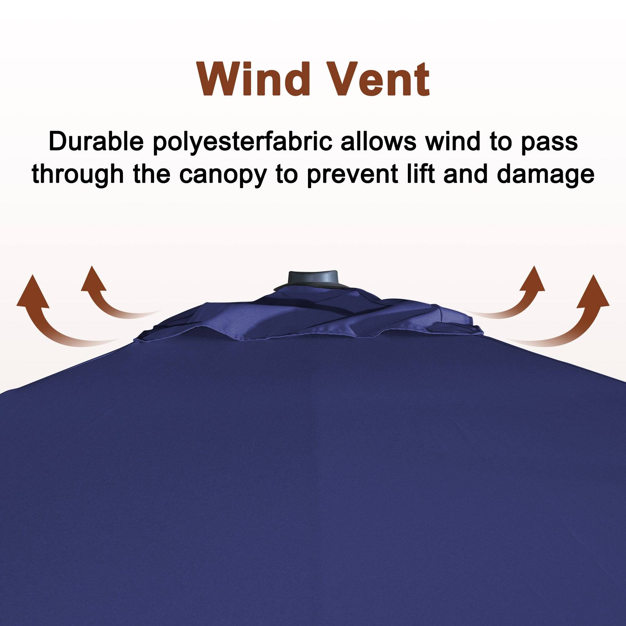 Wind Vent  
Durable polyester fabric allows wind to pass through the canopy to prevent lift and damage