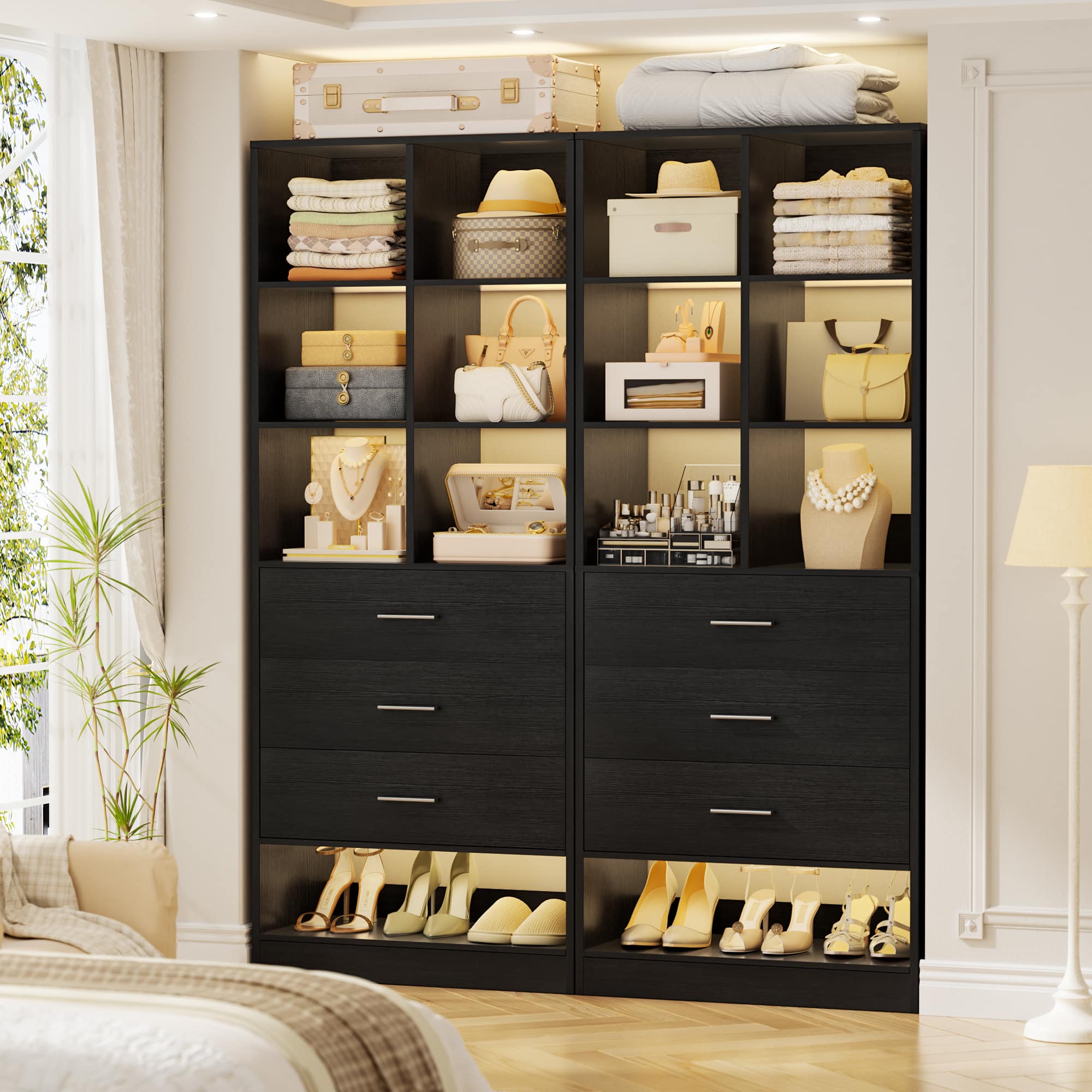 Aheaplus - 47.2" Wardrobe System with 6 Drawers and 12 Cube Storage, Modular Walk-in Closet Organizer for Closet, Bedroom - Black