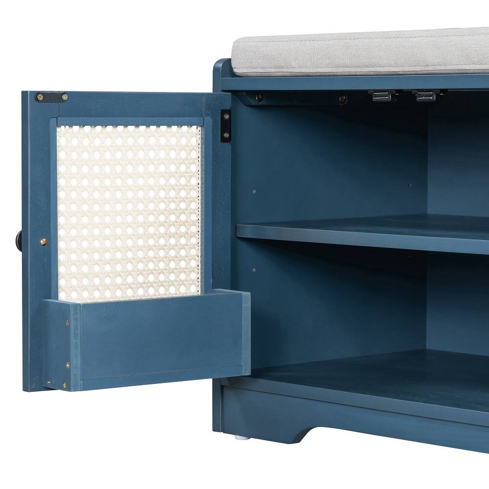 Alt View 2. Ropilly - Ropilly Rustic Wood Entryway Storage Bench with Cushion and Rattan Doors Antique Navy Shoe Bench for Hallway Living Room - Antique Navy.