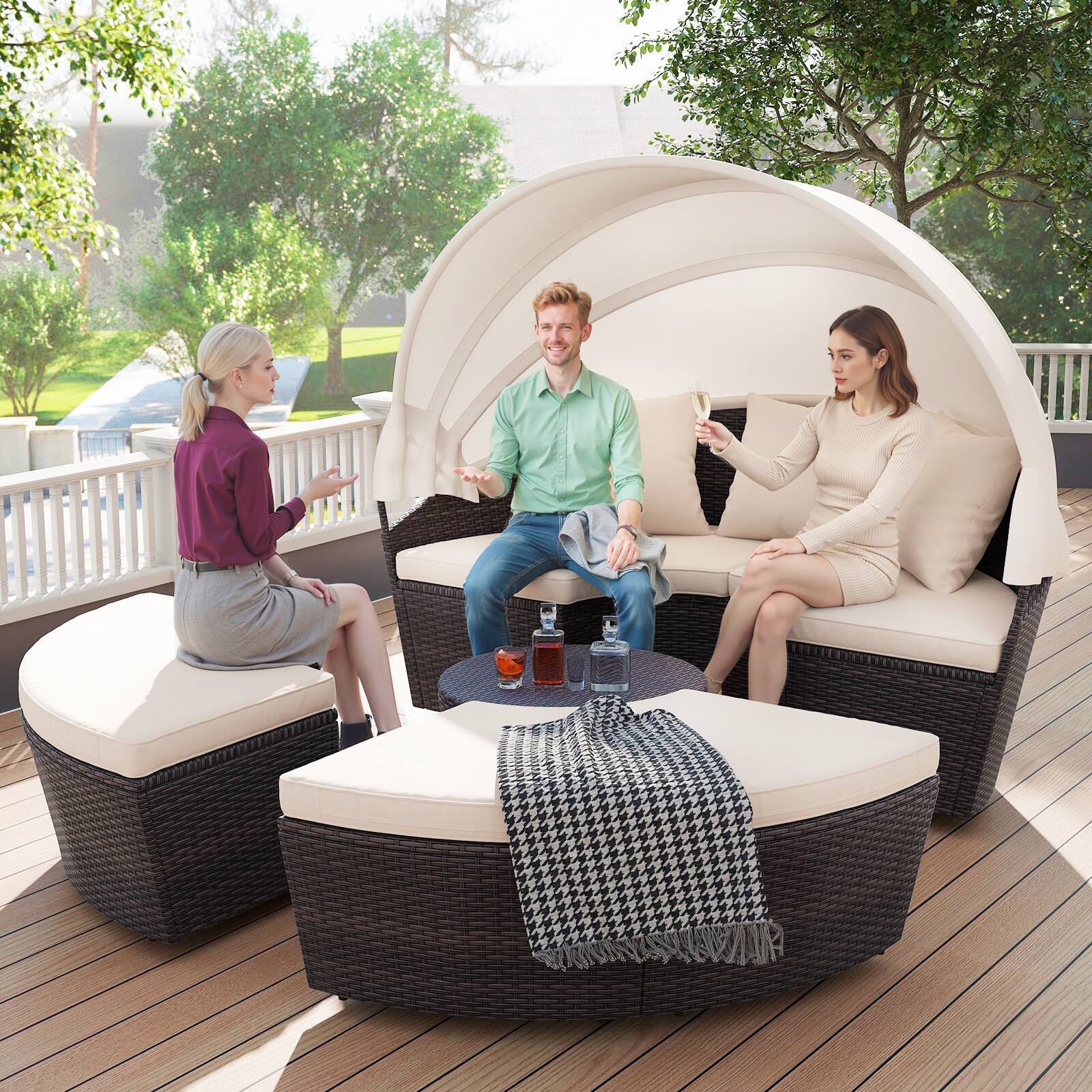 Alt View 1. SlickBlue - Round Patio Daybed with Retractable Canopy and Comfortable Seating - Off White.