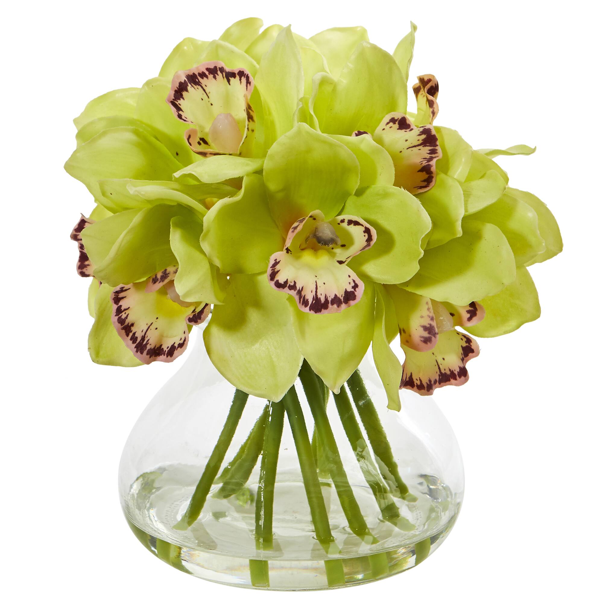 Front. BreeBe - 8" Cymbidium Orchid Artificial Arrangement in Glass Vase - Green.