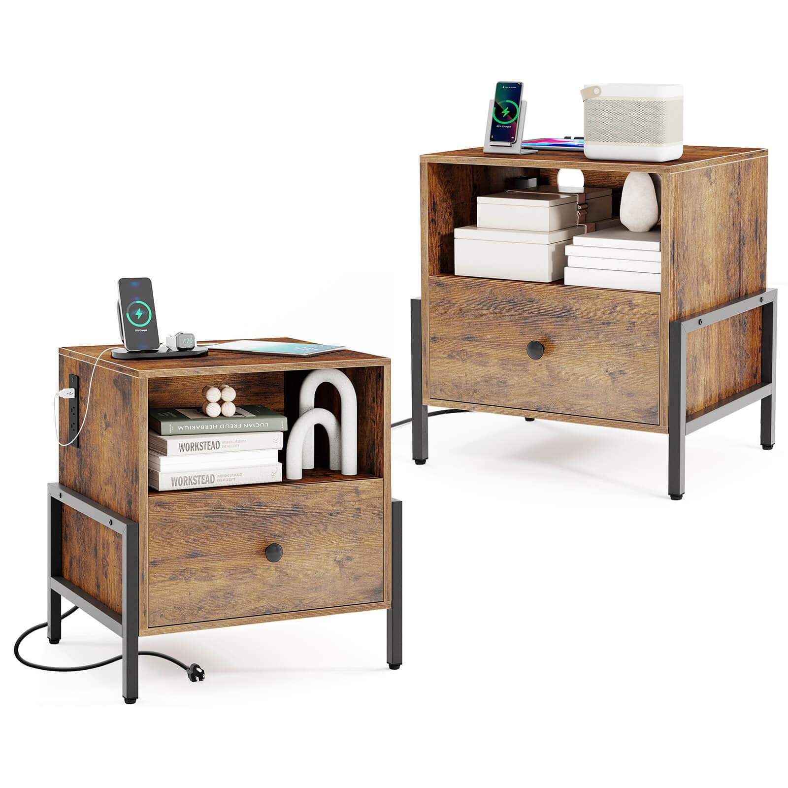 Costway - Nightstand with Charging Station Bedside Table with Storage Shelf Side Table - Rustic Brown,Black