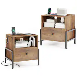 Costway - Set of 2 Nightstand with Charging Station Bedside Table with Storage Shelf Side Table - Rustic Brown,Black