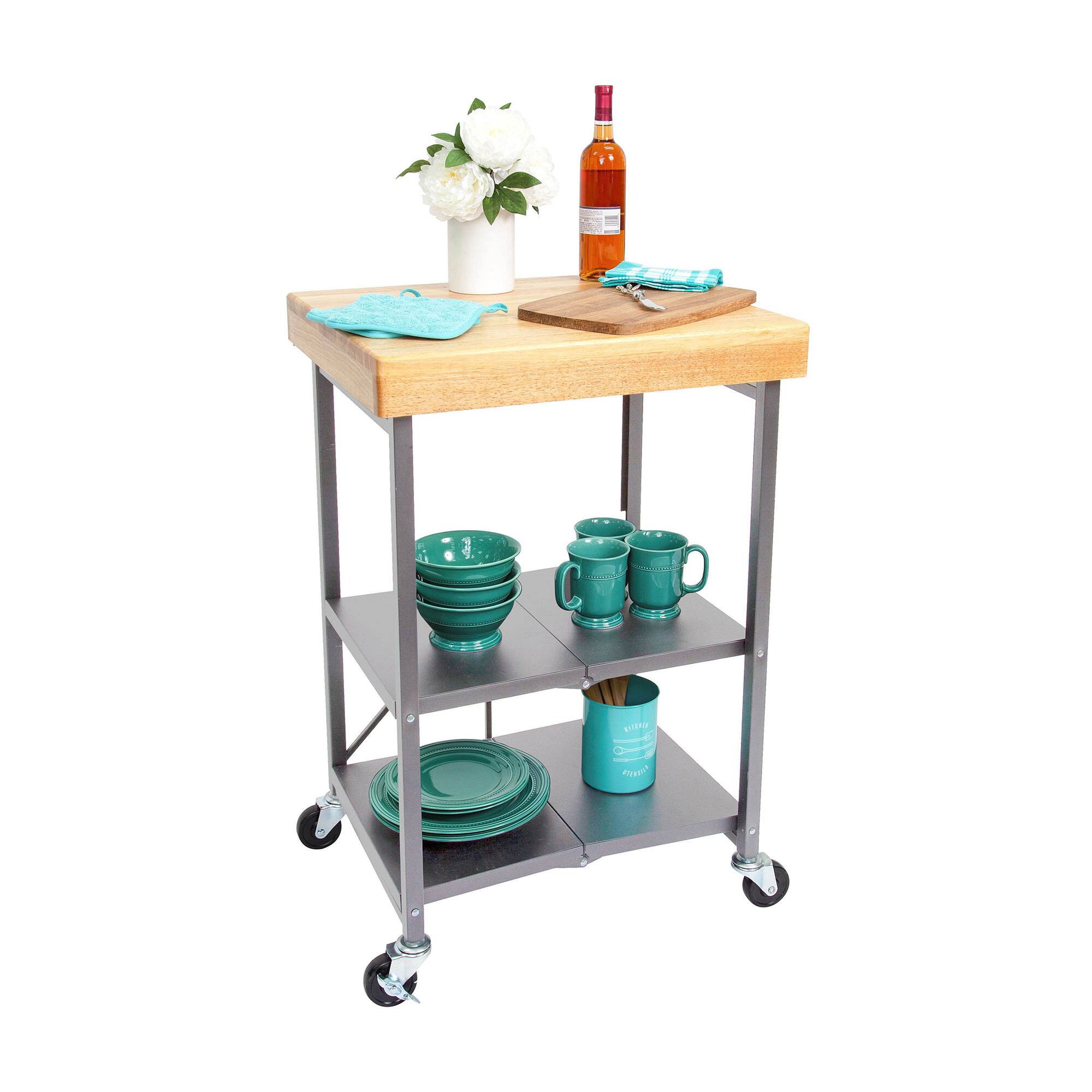 Alt View 2. Origami - Origami Foldable Wheeled Portable Solid Wood Top Kitchen Island Bar Cart, Silver - Silver, Solid wood top.