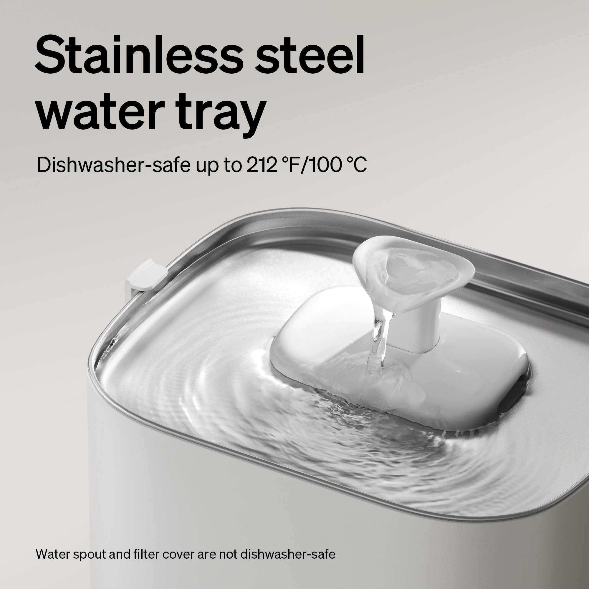 Stainless steel water tray

Dishwasher-safe up to 212°F/100°C

Water spout and filter cover are not dishwasher-safe