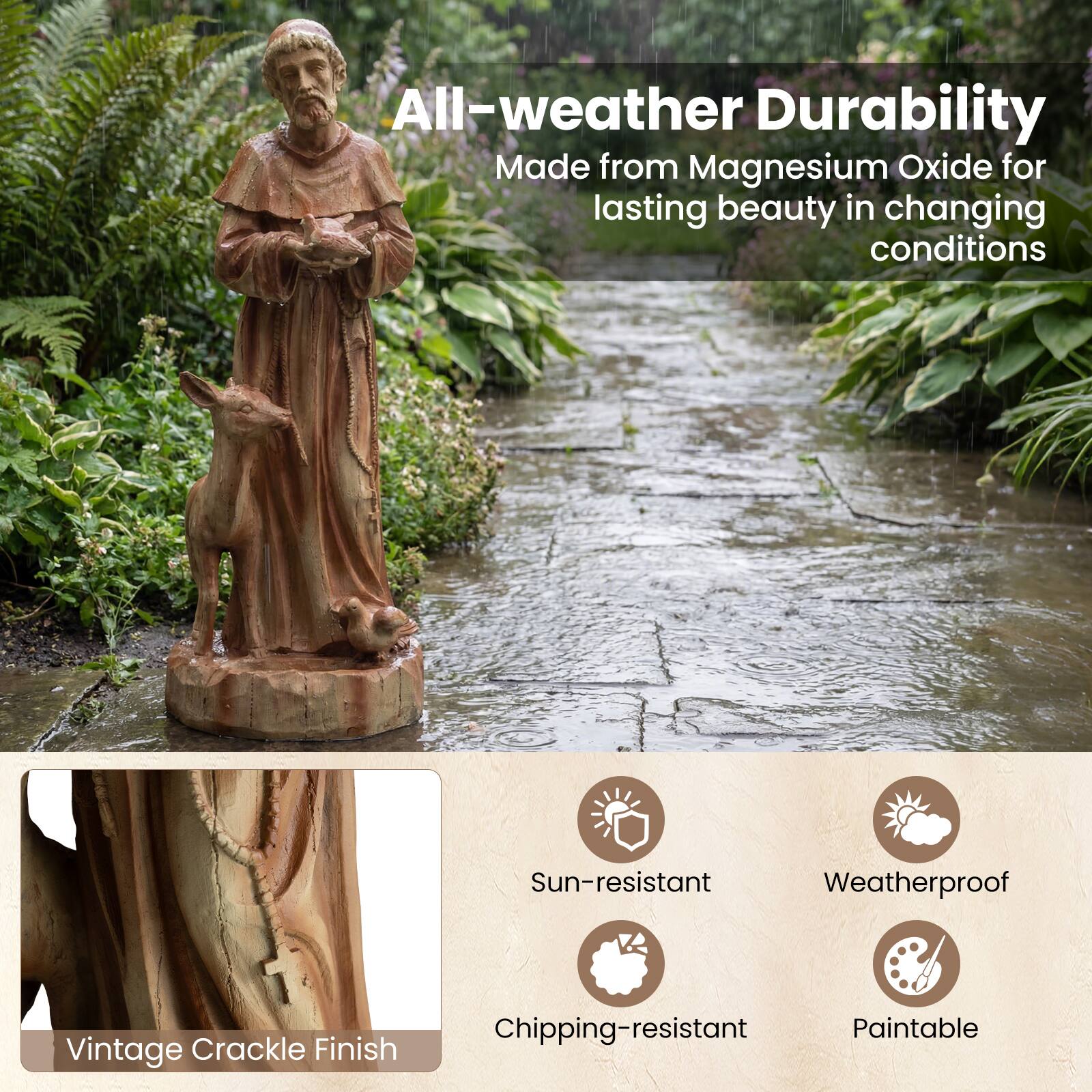All-weather Durability  
Made from Magnesium Oxide for lasting beauty in changing conditions  

Sun-resistant  
Weatherproof  
Chipping-resistant  
Paintable  

Vintage Crackle Finish