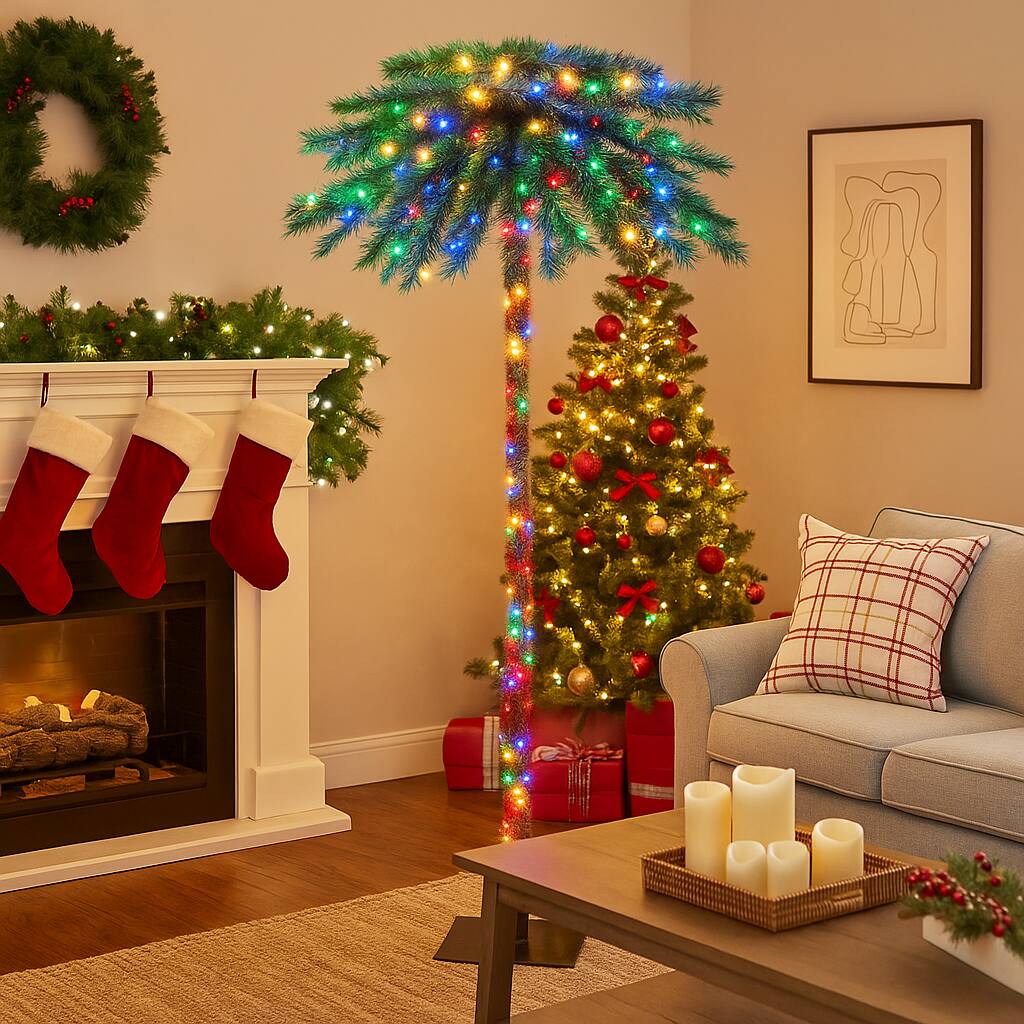 Angle. BreeBe - Tropical 6FT Lighted Palm Christmas Tree – Prelit with Colorful LED Lights - Green.