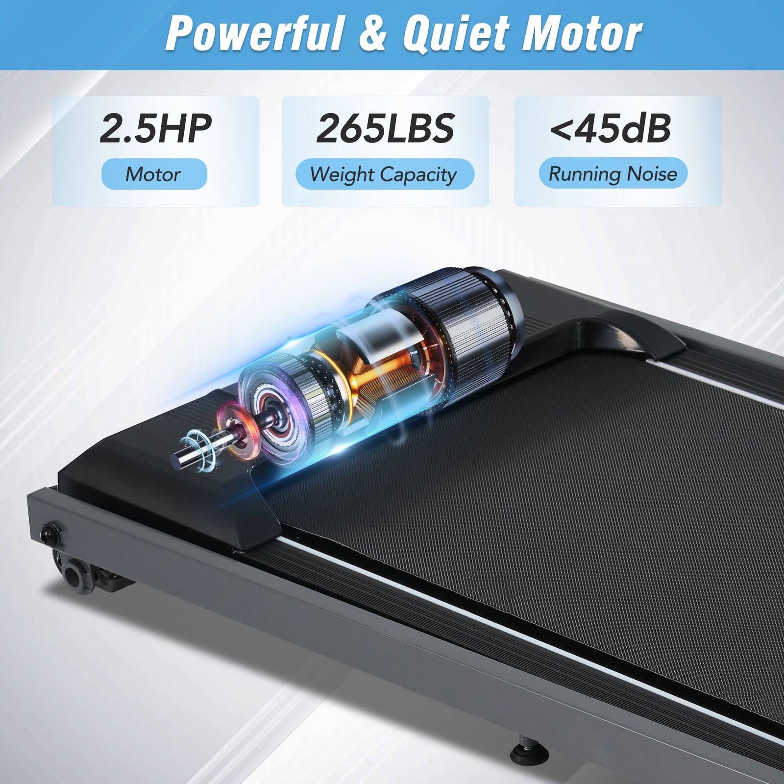 Powerful & Quiet Motor

- 2.5HP Motor
- 265LBS Weight Capacity
- <45dB Running Noise