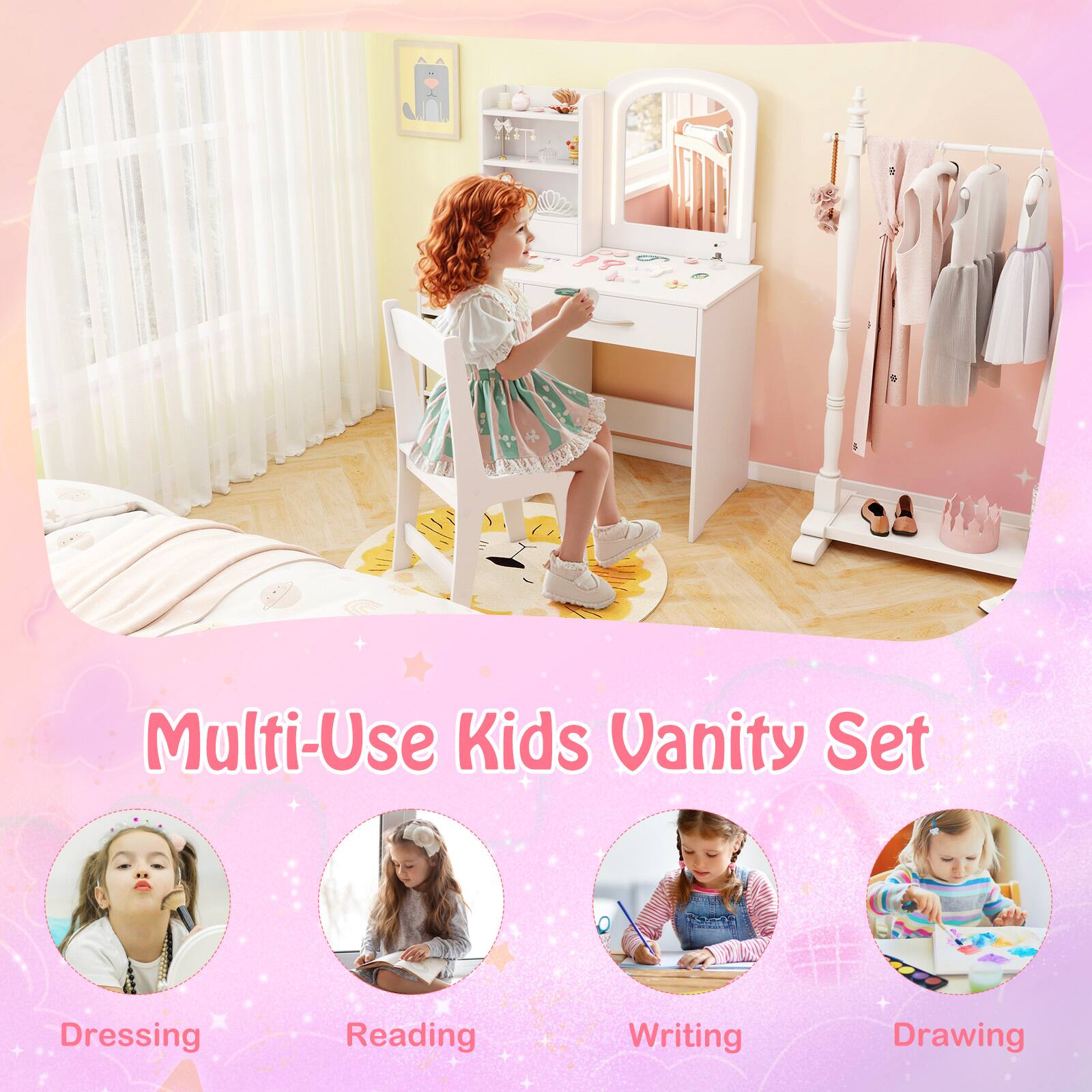 Multi-Use Kids Vanity Set

Dressing  
Reading  
Writing  
Drawing