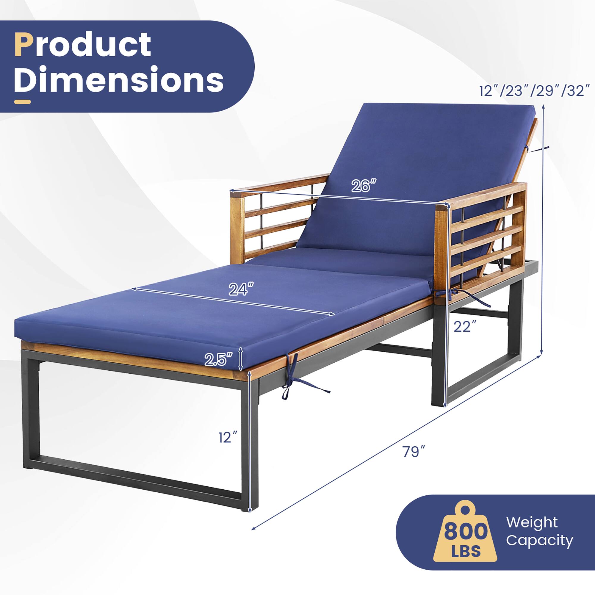 Product Dimensions: 12" / 23" / 29" / 32" / 26" / 24" / 22" / 2.5" / 12" / 79" / 800 Weight Capacity LBS