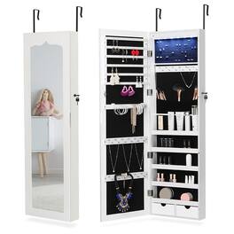 Oumilen - Over-the-Door/Wall-Mounted Jewelry Armoire with LED Lights & Full-Length Mirror - White