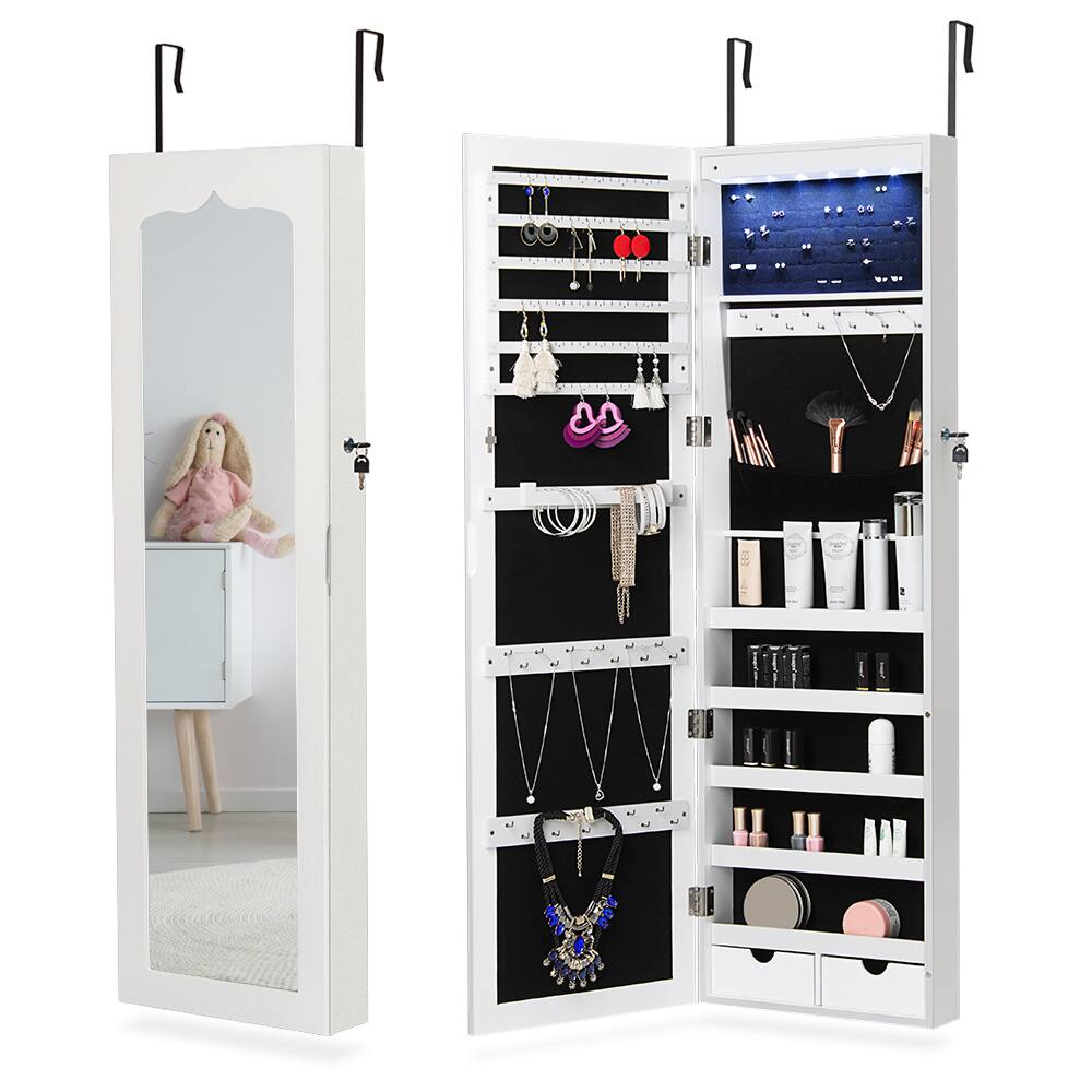 Front. Oumilen - Over-the-Door/Wall-Mounted Jewelry Armoire with LED Lights & Full-Length Mirror - White.