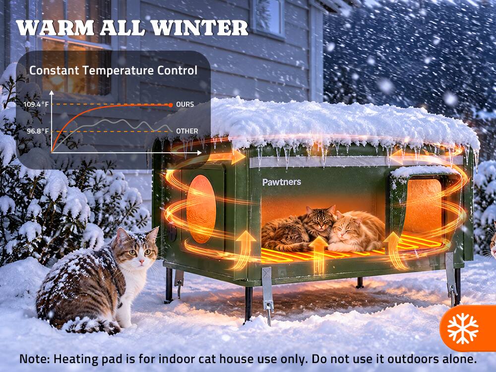 WARM ALL WINTER

Constant Temperature Control

109.4°F
OURS

96.8°F
OTHER

Pawtners

Note: Heating pad is for indoor cat house use only. Do not use it outdoors alone.
