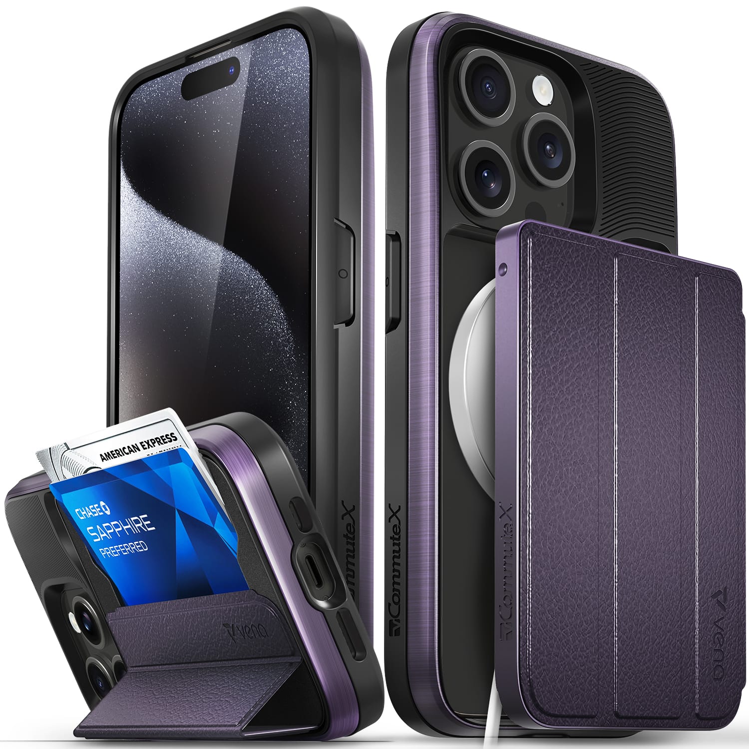 Vena - vCommuteX Wallet Case for Apple iPhone 15 Pro Max, Detachable Leather Cover Card Slot Holder Kickstand, Black - Purple