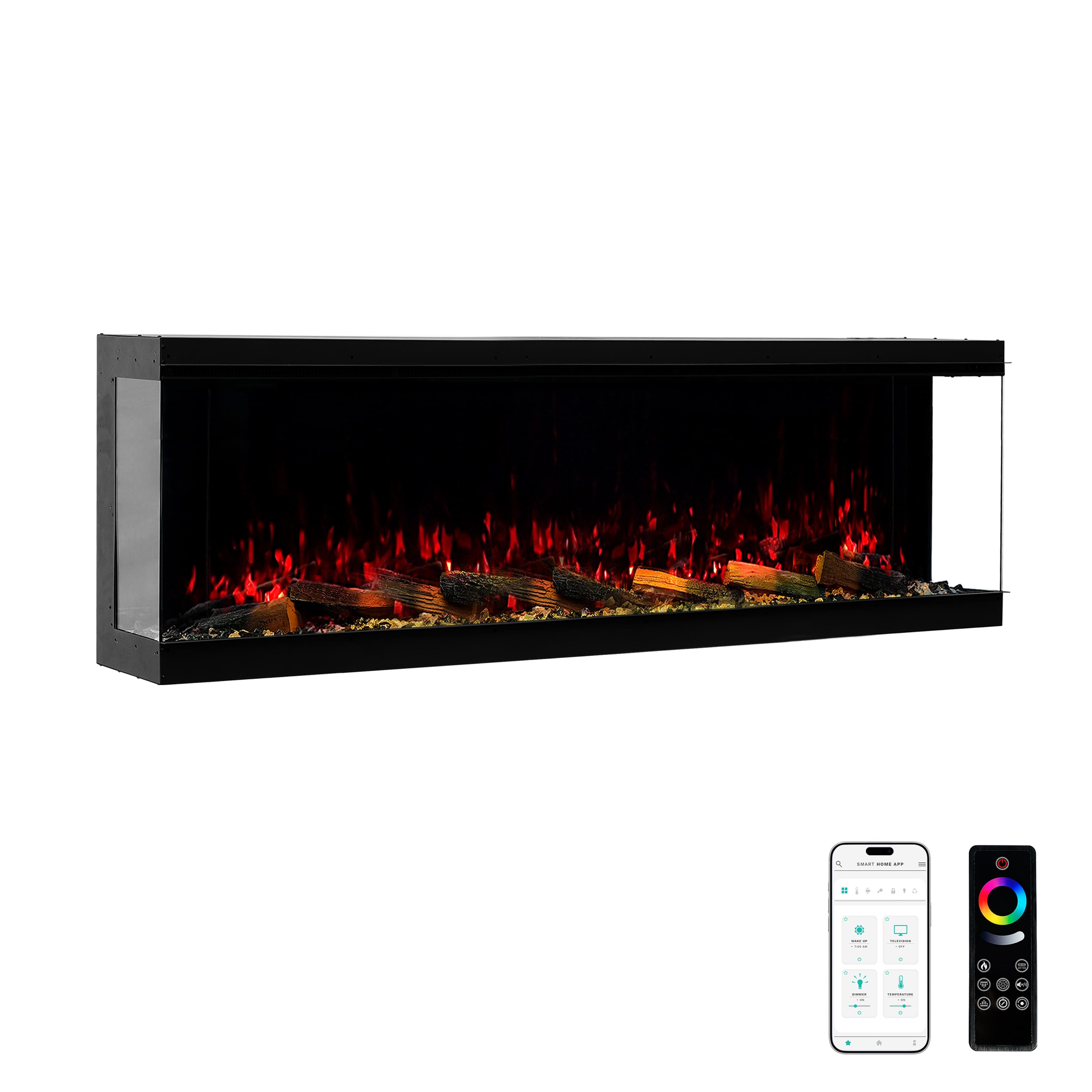 Mondawe - 50" Recessed/Wall Mounted 3-Sided Electric Fireplace with App and Wifi Smart Control, 1500W/3000W PTC Ceramic Heating - Black