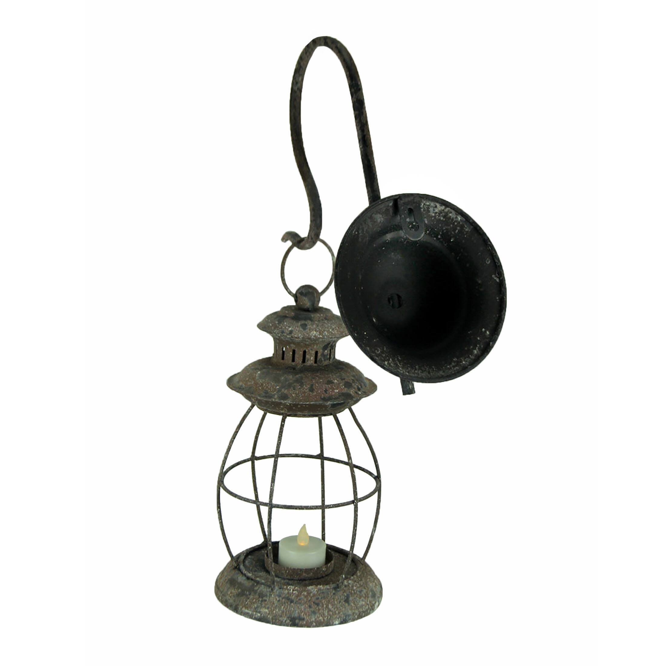 Alt View 2. Zeckos - Distressed Metal Wall Mounted Railroad Lantern Hanging Candle Sconce Black - White.