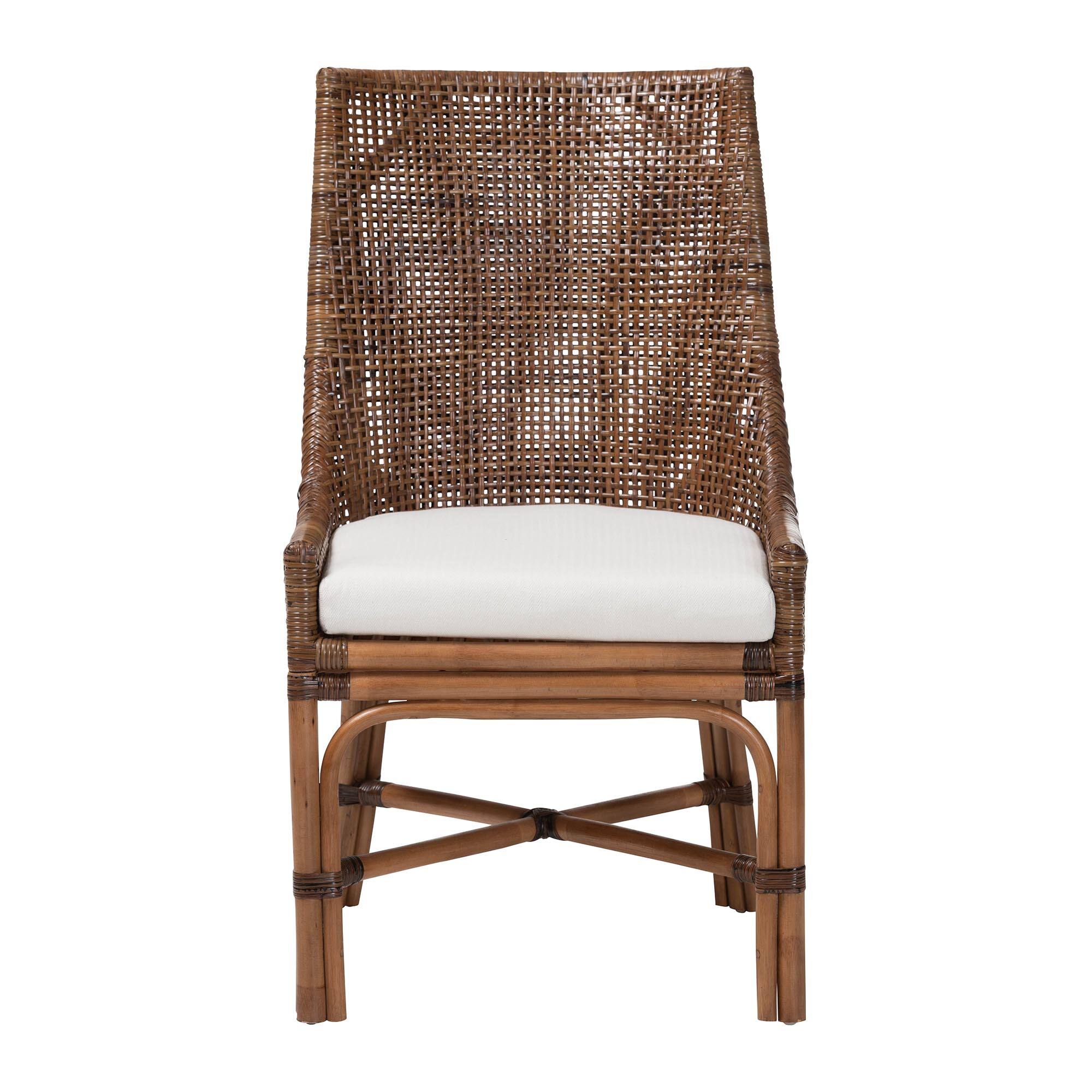 Angle. bali & pari - Bella Rattan Dining Chair with Cushion - Handwoven Wicker Accent Side Chair with High Backrest, Coastal Boho Seating - Coffee Bean.