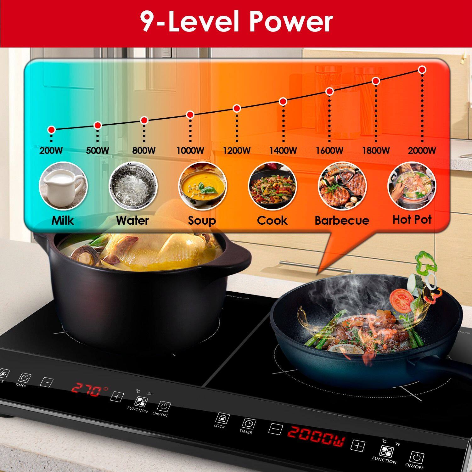 9-Level Power

200W - Milk  
500W - Water  
800W - Soup  
1000W - Cook  
1200W - Barbecue  
1400W - Hot Pot  
1600W  
1800W  
2000W  

CE TOULR

270°

FUNCTION ON/OFF  
TIMER  
LOCK  
2000W