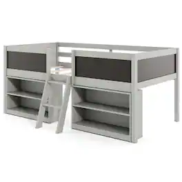 Costway - Twin Size Low Loft Bed with Ramp Ladder & Bookcases Full-length Safety Guardrail - Gray
