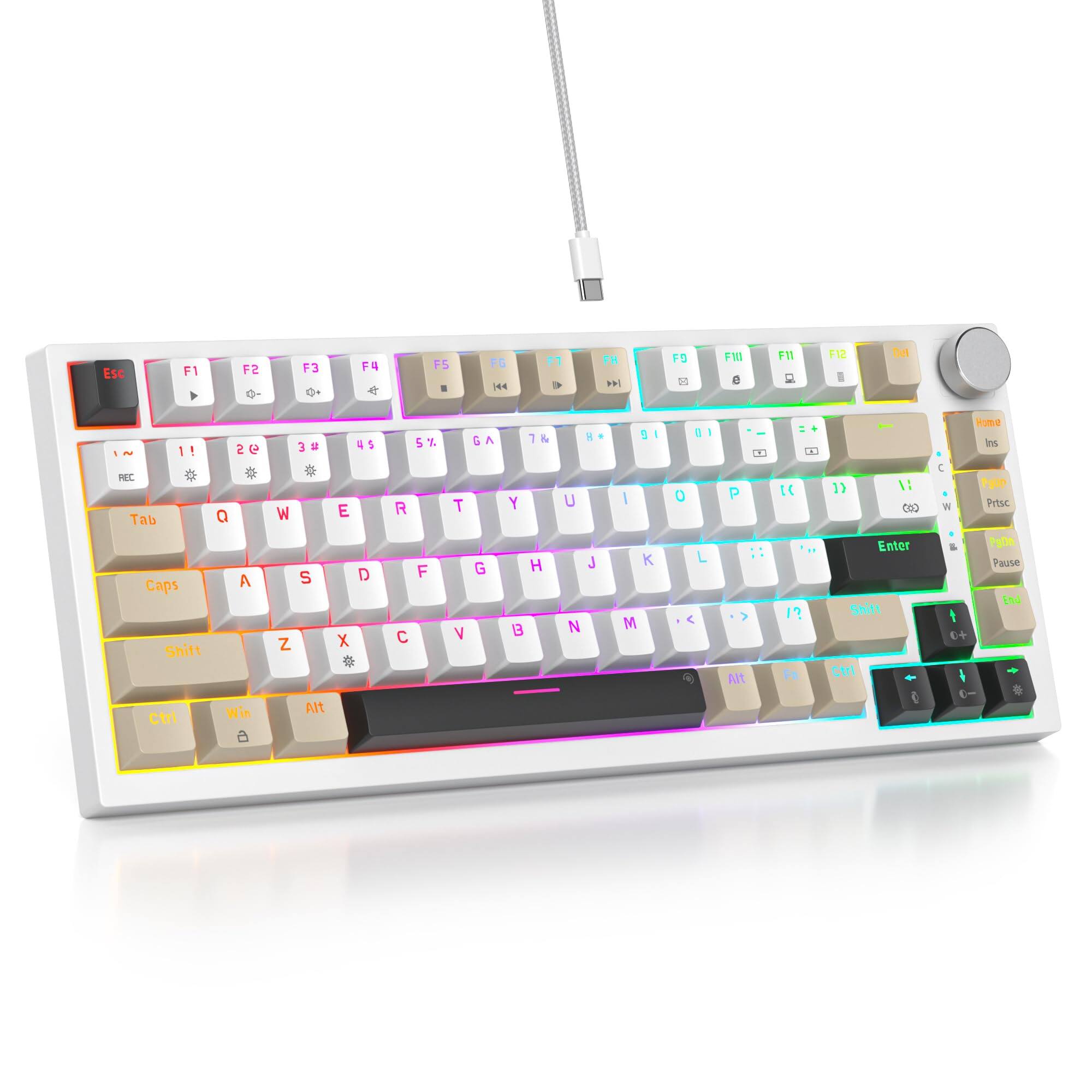 Stamp n Camp - 75 Percent Gasket-mounted With Sound Absorbing Pads 82-key Compact Wired Rgb Mechanical Gaming Hot-swap Socket For Win - Gray Black White /Red Switch