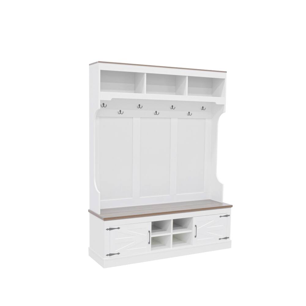 Alt View 10. Loheer - Loheer 71 inch tall entryway organizer, farmhouse hall tree with bench, white coat rack with shoe storage - White.