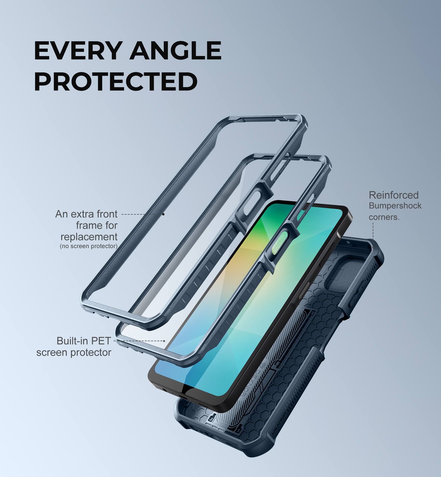 EVERY ANGLE PROTECTED

- An extra front frame for replacement (no screen protector)
- Built-in PET screen protector
- Reinforced Bumpershock corners.