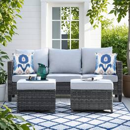 Ovios - 3 PCS Patio Furniture Wicker Sofa Couch with Ottoman for Garden Porch Deck - Gray