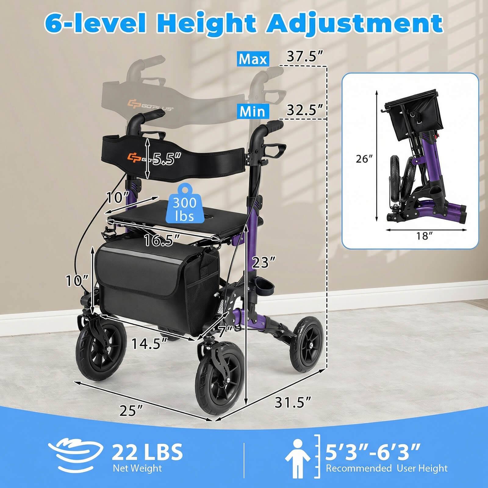 6-level Height Adjustment  
Max 37.5"  
Min 32.5"  
5.5"  
26"  
10"  
10"  
300 lbs  
16.5"  
23"  
18"  
14.5"  
25"  
22 LBS Net Weight  
31.5"  
E  
5'3"-6'3" Recommended User Height