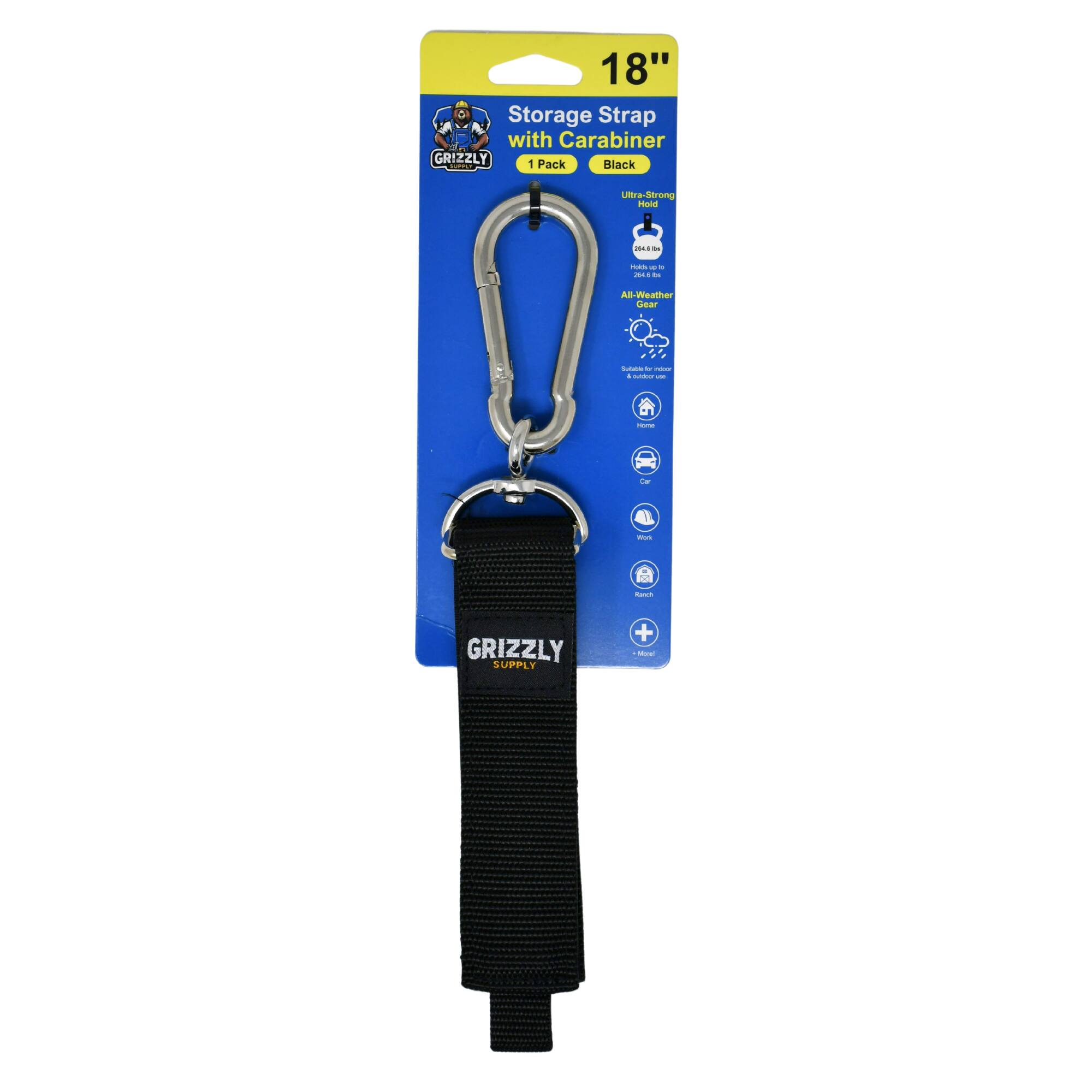 18" Storage Strap with Carabiner GRIZZLY C 1 Pack Black Ultra-Strong Pnio - - 1 - - - - An-Weather Gear  - - - - - --  -- -  s GRIZZLY SUPPLY + .