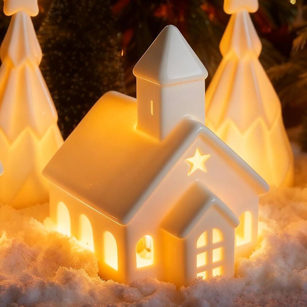 Left. Schertz - 5-Pc Ceramic Christmas Village Set with 3 Lighted Houses & 2 Pine Trees - White.