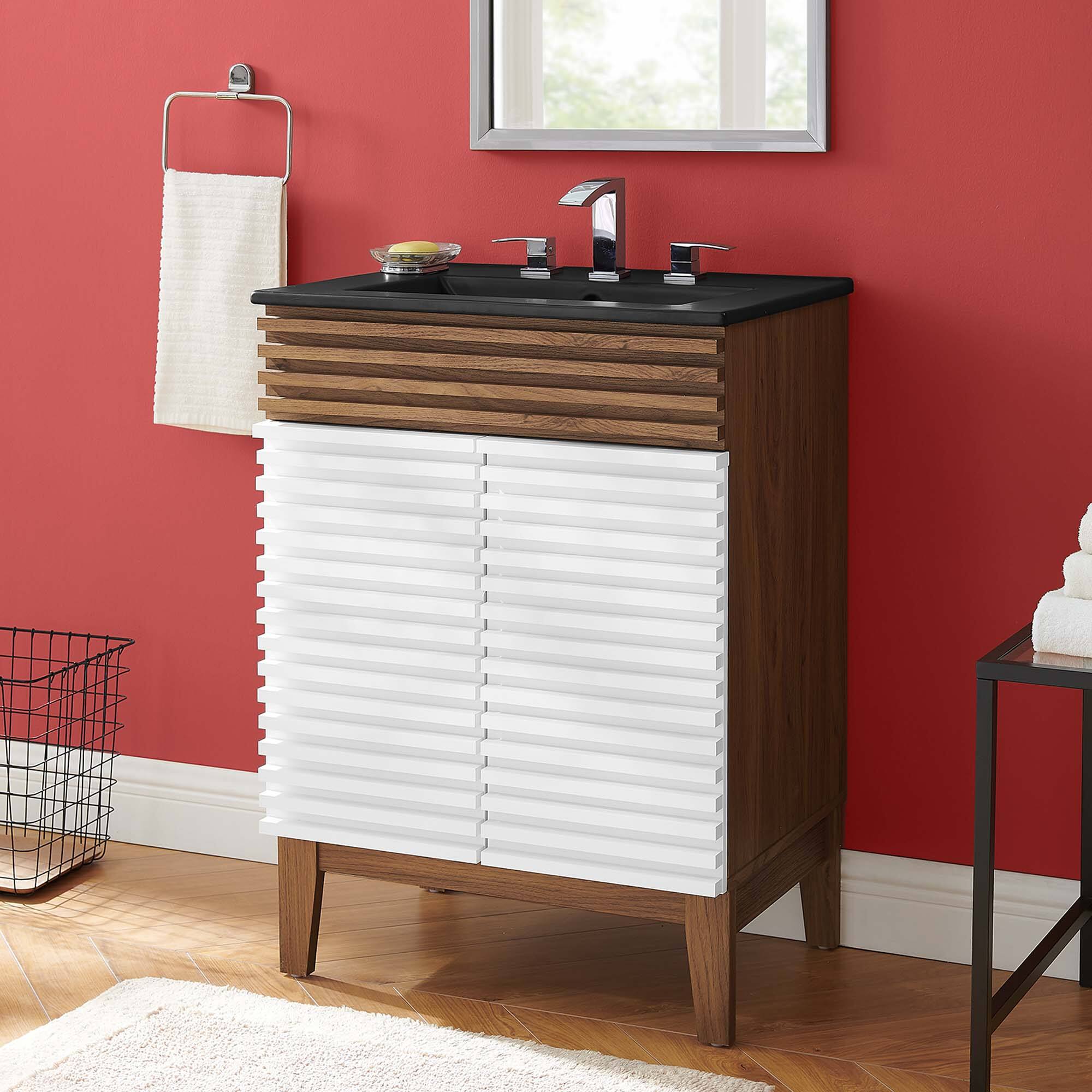 Back. Modway - Render Bathroom Vanity with Black Basin Included - White Walnut Black.