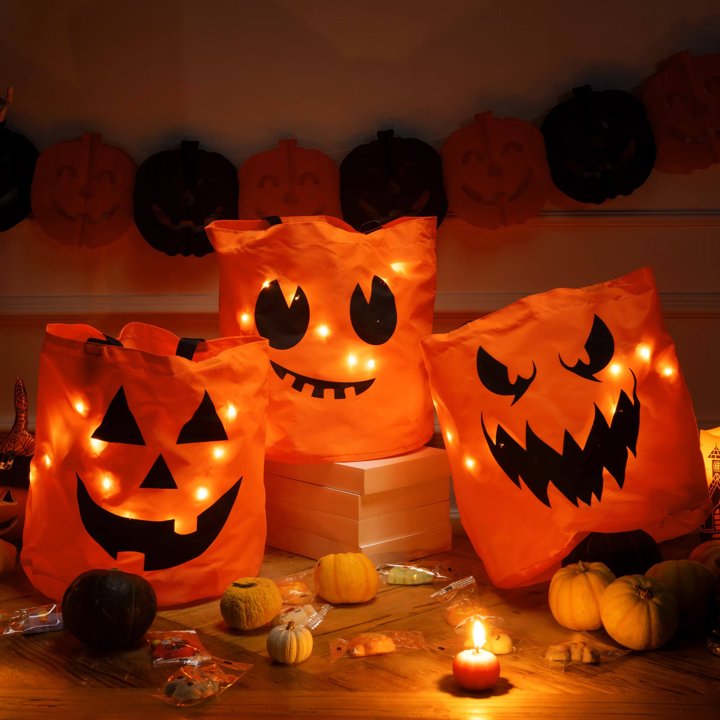 Back. Joyfy - Halloween Party Favor 3PCS Trick-or-Treat Pumpkin Buckets LED Kids Goody Treat Reusable Candy Bags Halloween Decorations - orange.
