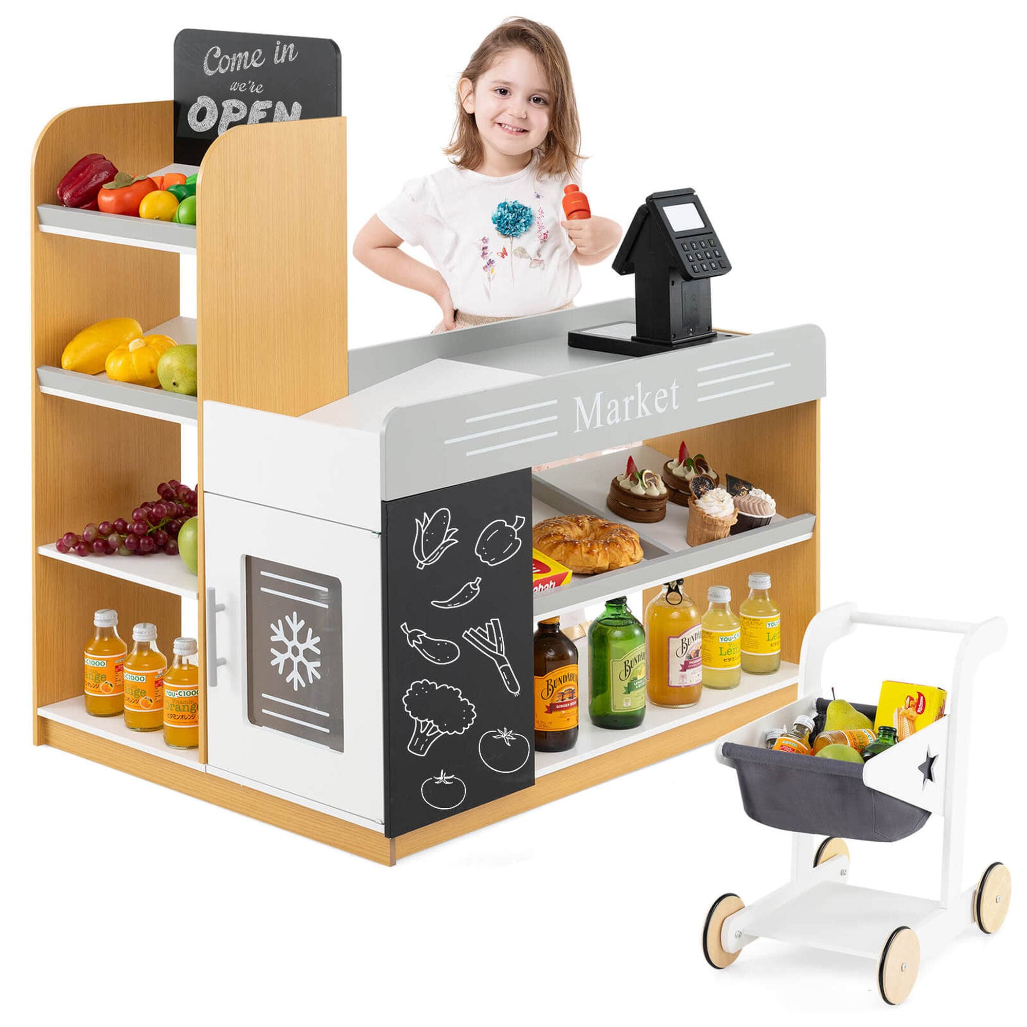 Costway - Kids Grocery Store with Shopping Cart Cash Register Scanner Blackboards Toddlers - Multicolor