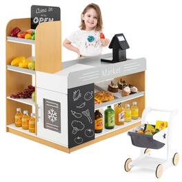 Costway - Kids Grocery Store with Shopping Cart Cash Register Scanner Blackboards Toddlers - Multicolor