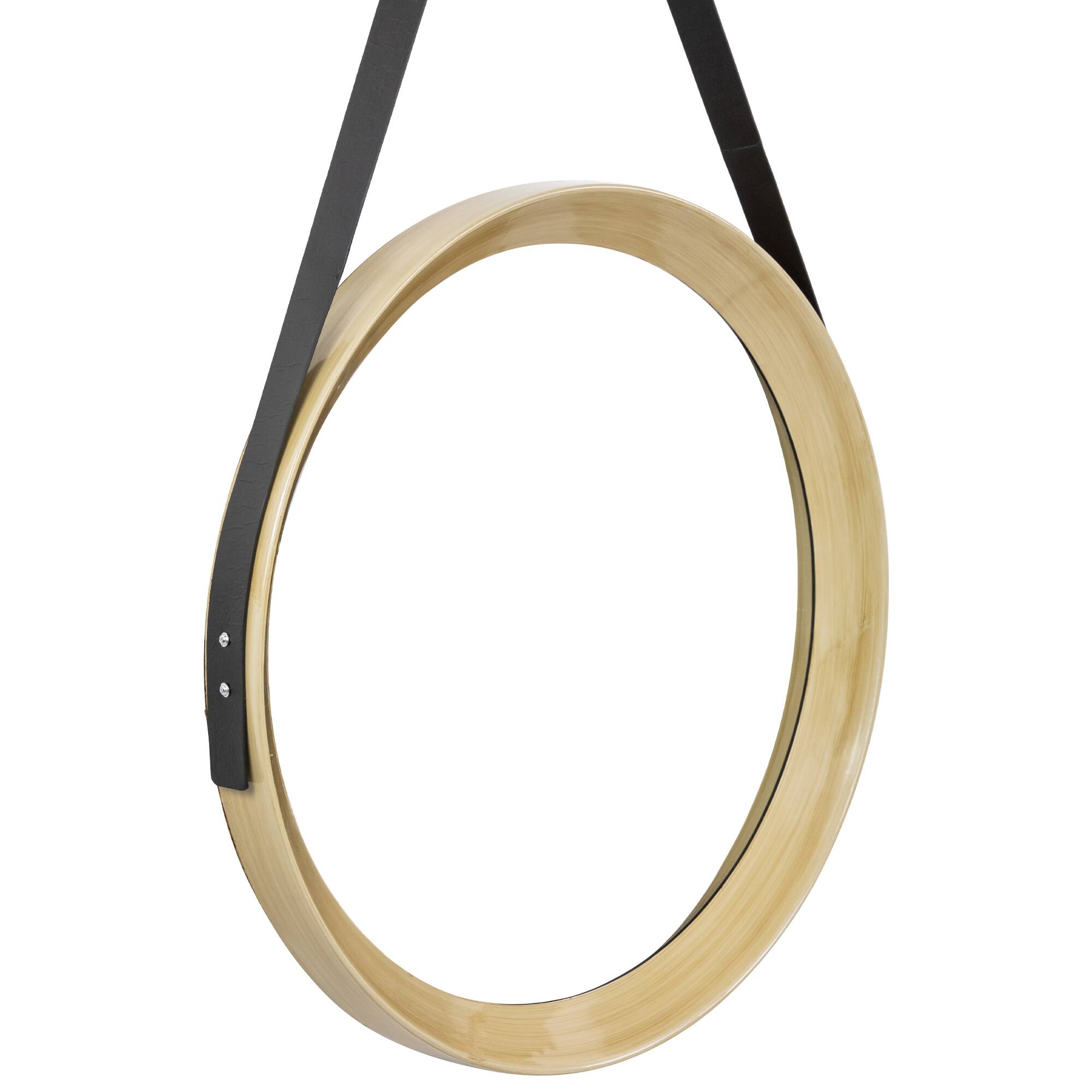 Alt View 2. Northlight - 20" Wooden Finish Round Wall Mirror with Black Hanging Strap - Gold.