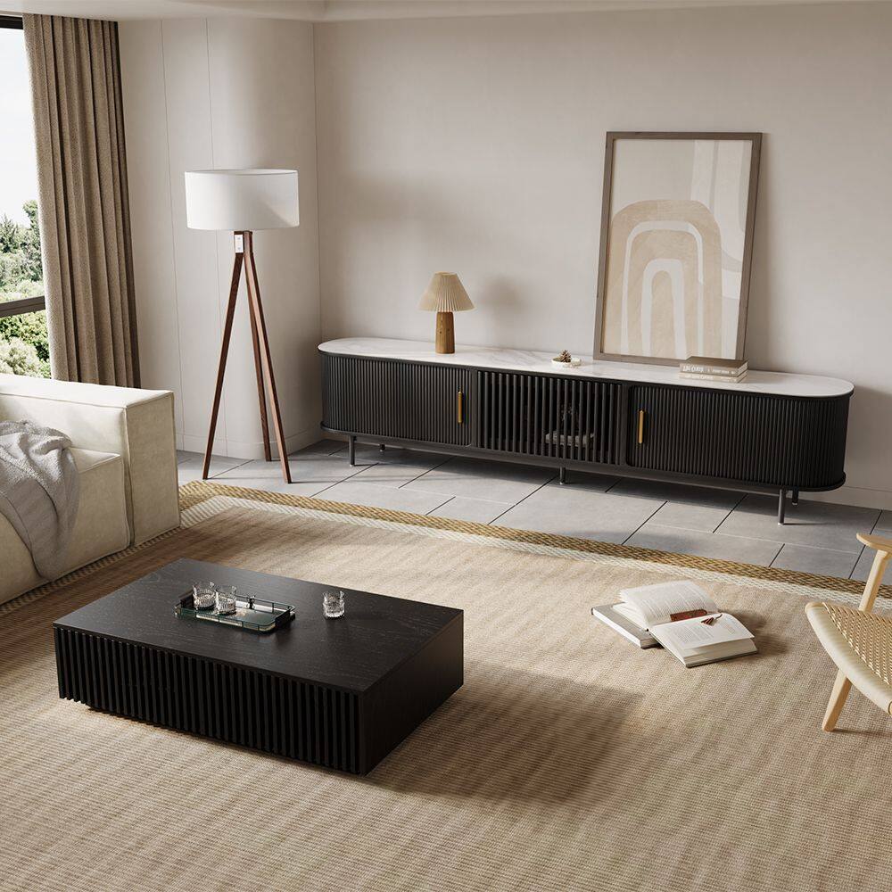 Left. POVISON - 94"Mid-Century Modern Glossy Sintered Stone Tabletop TV Stand ,Black - Black with Sintered Stone.